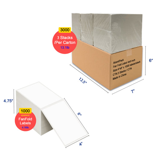 3000 Fanfold 4"x6" Direct Thermal labels-Commercial Grade Permanent Adhesive Fanfold Mailing Postage Label for Thermal Printers and Packages, 1000 Sheets per Stack
